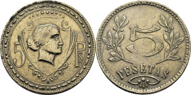 FICHA DE CASINO. Osma (Sevilla)?. 5 pesetas. Cabeza de Arethusa a derecha dentro