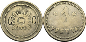 FICHA DE CASINO. Mondariz (Pontevedra). 1 peseta. M dentro de resplandor, flanqu