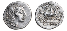 Lower Danube, Geto-Dacians AR-Denarius (19 mm, 3.75 g, 3 h). 1st century BC.
Obv. Head of Roma right, wearing pendant earring, necklace and helmet dec...