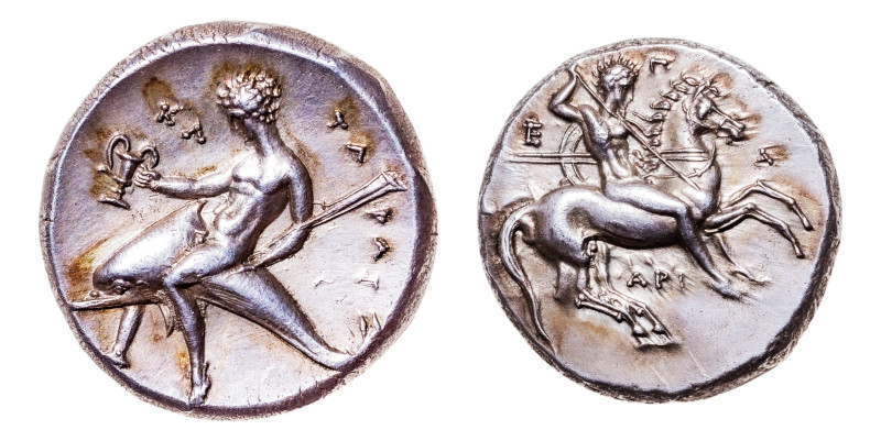 Calcabris, Tarentum AR-Nomos (21 mm, 7.92 g, 5h). Struck circa 325-280 BC.
Obv....