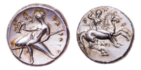 Calcabris, Tarentum AR-Nomos (21 mm, 7.92 g, 5h). Struck circa 325-280 BC.
Obv. Nude warrior, holding shield and two spears, stabbing with another sp...