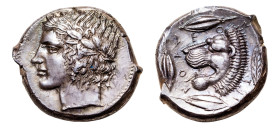 Sicily, Leontinoi AR-Tetradrachm (24.0 mm, 17.33g, 1h). Circa 430-425 BC.
Obv. Head of Apollo left, with flowing hair, wearing laurel wreath, dotted b...