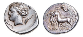 Sicily, Panormos, Punic occupation (Circa 425-300 BC) AR-Tetradrachm (26.8mm, 17.55g, 5h). Struck about 360-340 BC.
Obv. Slow Quadriga driving left, N...