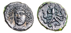 Sicily, Syracuse, Dionysios I (405-367 BC) Æ-Tetras (13mm, 1.75 g, 9h). Struck circa 390 BC.
Obv. Facing head of the nymph Arethusa, wearing necklace,...