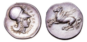 Syracuse, Timoleon and the Third Democracy (344-317 BC) AR-Stater (25mm, 8.68g, 3h). Syracuse mint, struck circa 344-339/8 BC.
Obv. Pegasos flying lef...