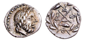 Achaean League, Dyme AR-Hemidrachm (14.6mm, 2.33g, 3h). Circa 86 BC.
Obv. Laureate head of Zeus right.
Rev. Monogram of the Achaian League: above, ΔY ...