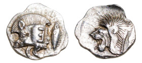 Mysia, Kyzikos AR-Obol (12mm, 0.83g, 12h). Struck circa 450-400 BC.
Obv. Forepart of boar to left; Ǝ on his shoulder, tunny fish upwards behind.
Rev. ...