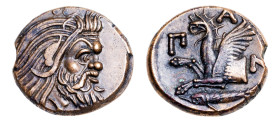 Cimmerian Bosporos, Pantikapaion AE-Tetrachalkon (21mm, 6.88g, 12h). Pantikapaion mint, struck circa 310-304/3 BC.
Obv. Bearded head of satyr with ani...