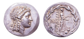 Aeolis, Myrina AR-Tetradrachm (33 mm, 16.83 g, 12 h). Circa 160-143 BC.
Obv. Laureate head of Apollo right, hair falling in three long curls at side a...