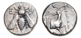 Ionia, Ephesos AR-Tetradrachm (21.9mm, 15.23g, 1h). Struck circa 350-340 BC.
Obv. Bee with straight wings; E-Φ across fields.
Rev. Forepart of stag to...