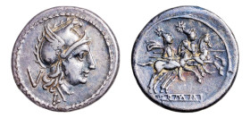 Anonymous, L Series AR-Quinarius (16.3mm, 2.07g, 3h). Luceria mint, 211-210 BC.
Obv. Helmeted head of Roma to right wearing Phrygian helmet; V (mark o...