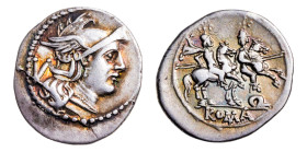 Anonymous 'Q series' AR-Quinarius (16.7mm, 2.08g, 10h). Apulia mint, struck 211-210 BC.
Obv. Helmeted head of Roma right; V (mark of value) to left.
R...