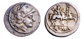 Anonymous (second Q series) AR-Quinarius (15.9mm, 1.94g, 2h). Mint in Apulia, circa 211-210 BC.
Obv. Head of Roma right, wearing Phrygian helmet; V be...