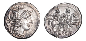 Anonymous 'Rostrum Tridens (second) series' AR-Denarius (19.8mm, 3.37g, 10h). Rome mint, struck 206-195 BC.
Obv. Helmeted head of Roma; X behind.
Rev....