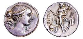 L. Valerius Flaccus AR-Denarius (19.1mm, 3.97g, 1h). Rome mint, struck 108-107 BC.
Obv. Draped bust of Victory to right; below chin, XVI monogram (mar...