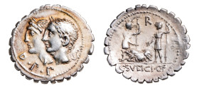 C. Sulpicius C. f. Galba AR-Denarius serratus (19.1mm, 3.91g, 1h). Rome mint, 106 BC.
Obv. Jugate laureate heads of the Dei Penates left; D•P•P below....