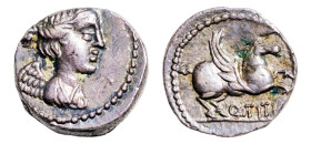 Q Titius AR-Quinarius (13.0mm, 2.06g, 12h). Rome mint, struck 90 BC.
Obv. Draped and winged bust of Victory to right.
Rev. Pegasus to right; Q•TITI be...
