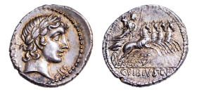 C Vibius C f Pansa AR-Denarius (19.3mm, 3.92g, 9h). Rome mint, 90 BC.
Obv. Laureate head of Apollo right, control mark caduceus below chin, [PANSA] be...