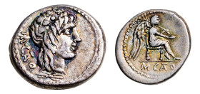 Marcus Porcius Cato AR-Quinarius (13.8mm, 2.19g, 2h). Rome mint, struck 89 BC.
Obv. Head of Liber right, wearing ivy wreath; M•CATO behind, control (t...
