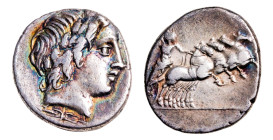 Gargilius, Ogulnius, and Vergilius AR-Denarius (17.8mm, 3.87g, 6h). Rome mint, struck 86 BC.
Obv Laureate head of Apollo to right; thunderbolt below.
...