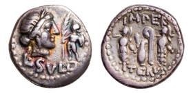 L. Cornelius Sulla AR-Denarius (16.6 mm, 3.83 g, 12h). Mint moving with Sulla in Asia or Greece, 84-83 BC.
Obv. Diademed bust of Venus to right; Cupid...