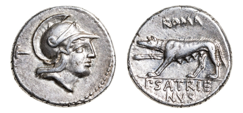 Publius Satrienus AR-Denarius (17.7mm, 3.87g, 7h). Rome mint, struck 77 BC.
Obv....