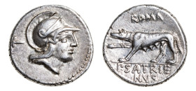 Publius Satrienus AR-Denarius (17.7mm, 3.87g, 7h). Rome mint, struck 77 BC.
Obv. Helmeted head of Roma to right; ⊥ (control numeral) behind.
Rev. She-...