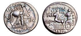 M. Aemilius Scaurus and P. Plautius Hypsaeus AR-Denarius (17.8 mm, 3.70 g, 6h). Rome mint, 58 BC.
Obv. M•SCAVR AED CVR, kneeling figure right (King Ar...