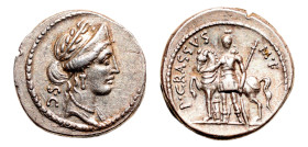 P. Licinius Crassus M.f. AR-Denarius (18.6 mm, 4.18 g, 2h). Rome mint, 55 BC.
Obv. Diademed, laureate and draped bust of Venus right; S•C downwards be...