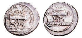 Q. Pompeius Rufus AR-Denarius (18.3 mm, 3.80 g, 9h). Rome mint, 54 BC.
Obv. Curule chair flanked by arrow and laurel-branch; Q•POMPEI•Q•F RVFVS in two...