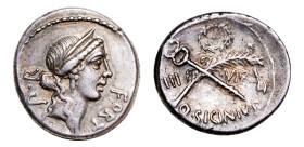 Q. Sicinius AR-Denarius (17.9 mm, 4.09 g, 3h). Rome mint, 49 BC.
Obv. Diademed head of Fortuna right; P•R upwards behind, FORT before.
Rev. Palm-branc...