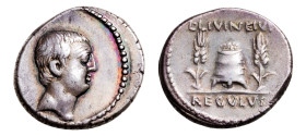 L. Livineius Regulus AR-Denarius (16.6 mm, 3.82g, 2h). Rome mint, 42 BC.
Obv. Small bare head of the praetor L. Livineius Regulus to right.
Rev. L. LI...