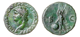 Nero (AD 54-68) AE-As (28.5mm, 10.45g). Lugdunum mint, struck circa AD 66.
Obv. IMP NERO CAESAR AVG P MAX TR P P P, Bare head left, with globe at poin...