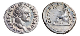 Vespasian (AD 69-79) AR-Denarius (16.9mm, 2.88g, 5h). Rome mint, AD 70.
Obv. IMP CAESAR VESPASIANVS AVG, laureate head right.
Rev. COS ITER TR POT, Pa...