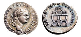 Titus (AD 79–81) AR-Denarius (17.6mm, 3.24g, 6h). Rome mint, struck AD 80.
Obv. IMP TITVS CAES VESPASIAN AVG P M, laureate head to right.
Rev. TR P IX...