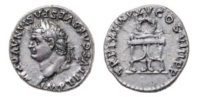 Titus as Augustus (AD 79-81) AR-Denarius (18 mm, 3.41 g). Rome mint, struck AD 80.
Obv. IMP TITVS CAES VESPASIAN AVG P M, laureate head left.
Rev. TR ...