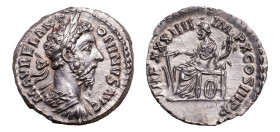 Marcus Aurelius as Augustus (AD 161-180) AR-Denarius (18mm, 2.95 g, 12h). Rome mint, struck AD 180.
Obv. Laureate, draped, and cuirassed bust right.
R...
