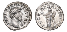 Lucius Verus (AD 161-169) AR-Denarius (18.1mm, 3.29g, 6h). Rome mint, struck AD 161-162.
Obv. IMP L AVREL VERVS AVG, bare bust right.
Rev. PROV DEOR T...