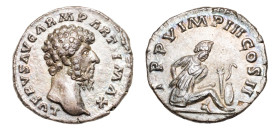 Lucius Verus (AD 161-169) AR-Denarius (17.3mm, 2.89g, 7h). Rome mint, struck AD 165.
Obv. L VERVS GERM PARTH II MAX, Laureate head right.
Rev. TRP VIM...