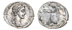 Commodus (AD 177-192) AR-Denarius (17.0mm, 3.27g, 12h). Rome mint, struck AD 179.
Obv. Laureate head right.
Rev. Victory advancing left, holding wreat...