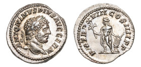 Caracalla (AD 198-217) AR-Denarius (19.2mm, 3.64g, 6h). Rome mint, struck AD 215.
Obv. ANTONINVS PIVS AVG GERM, laureate head to right.
Rev. P M TR P ...
