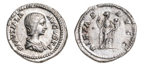 Plautilla (wife of Caracalla) AR-Denarius (18.9mm, 3.34g, 12h). Rome mint, struck AD 202-205.
Obv. PLAVTILLA AVGVSTA, draped bust to right.
Rev. PIETA...