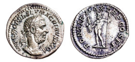 Macrinus (AD 217-218) AR-Denarius (19.3mm, 3.49g, 6h). Rome mint, struck AD 217.
Obv. IMP C M OPEL SEV MACRINVS AVG, laureate and cuirassed bust right...