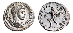 Elagabalus (AD 218-222) AR-Denarius (18.0mm, 2.95g, 5h). Rome mint, struck AD 220.
Obv. IMP ANTONINVS PIVS AVG, laureate,draped bust to right.
Rev. P ...