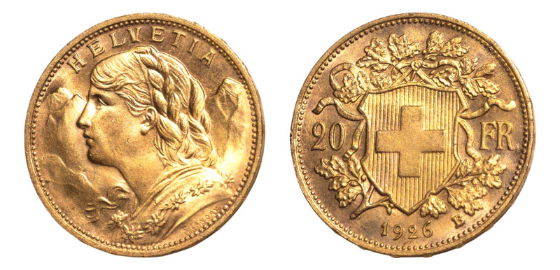 Switzerland, Swiss Confederation AV-20 Franken (21mm, 6.44g, 6h). Bern, 1926 B.
...