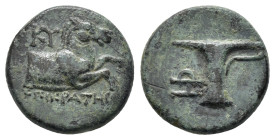 Aeolis, Kyme. Ae, 4.13 g 17.52 mm. Circa 350-250 BC.

Obv.: Forepart of horseright; above, KY; below, ...ΚΡΑΤΗΣ.
Rev.: One handled cup left; monogr...