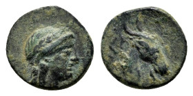 AEOLIS. Aigai. Ae (4th-3rd centuries BC).

Obv: Laureate head of Apollo right.
Rev: Head of goat right; monogram within circle in left field.

Conditi...