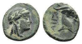 AEOLIS. Aigai. Ae (4th-3rd centuries BC).

Obv: Laureate head of Apollo right.
Rev: Head of goat right; monogram within circle in left field.

Conditi...