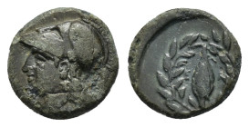 AEOLIS. Elaia. Ae (Circa 4th-3rd centuries BC). Polyxe-, magistrate.

Obv: Helmeted head of Athena left.
Rev: Ε - Λ.
Grain within wreath; ΠΟΛΥΧΗ b...