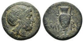 AEOLIS. Myrina (4th-3rd cent. BC) Ae 

Obv: Helmeted head of Athena right
Rev: MY - PI, Amphora.
SNG München 570; SNG Ref: Copenhagen 216; SNG von Aul...
